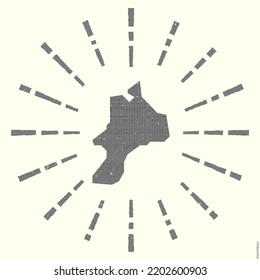 Mayreau Logo. Grunge sunburst poster with map of the island. Shape of Mayreau filled with hex digits with sunburst rays around. Radiant vector illustration.