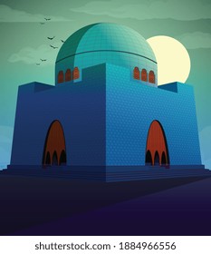 Mazar-e-quaid in Vektorgrafik in der Nacht. Nationaldenkmal mit Mond und Vögeln im Hintergrund.