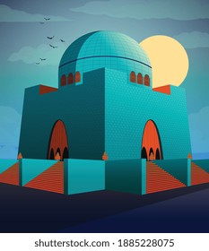 Mazar-e-quaid en vector por la noche. Monumento nacional con luna y pájaros de fondo.