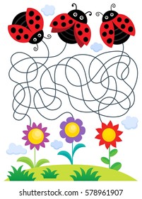 Maze 25 with ladybugs and flowers - eps10 vector illustration.