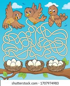 Maze 34 with birds and nests - eps10 vector illustration.