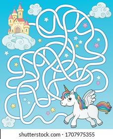 Maze 35 with flying unicorn and castle - eps10 vector illustration.