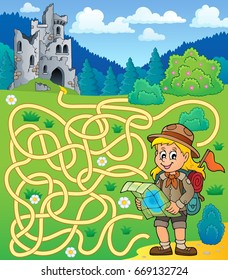 Maze 4 with scout girl - eps10 vector illustration.