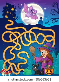 Maze 7 with cute witch and cat - eps10 vector illustration.