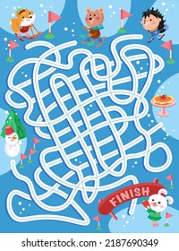 Maze activity for children. Game for kids. Draw each track that the skiers will take. Who will win the competition. Cute little animals in nature. Winter scene in cartoon style. Vector illustrat