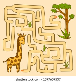 Maze with animal. Educational children game. Giraffe.