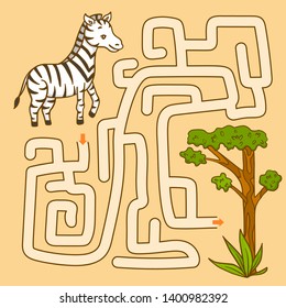 Maze with animal. Educational children game. Zebra.
