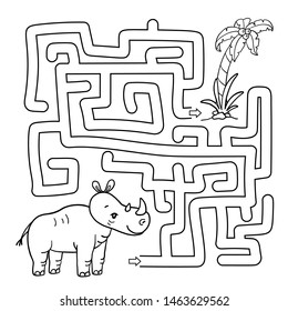 Maze with animal. Educational children game. Rhino. Coloring book. 