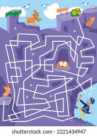 Maze con animales y escalador. Actividad para niños. Juego de rompecabezas para los niños. Ayuda a los alpinistas a llegar a la cima de la montaña. ¿A dónde le conducirán sus otros caminos? Ilustración vectorial.