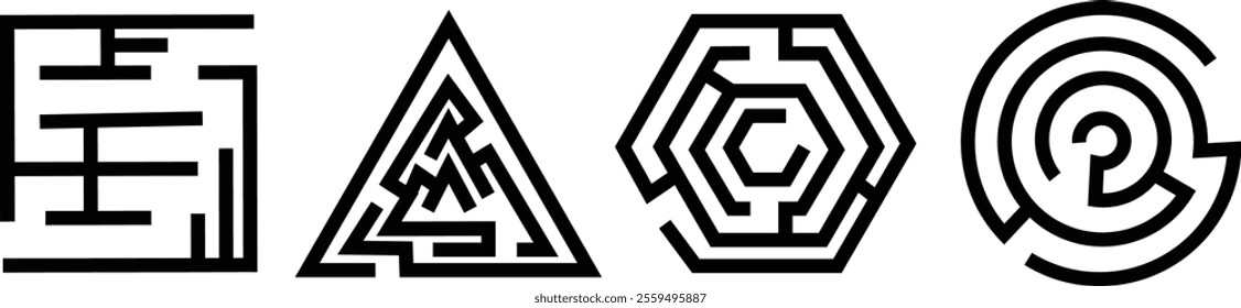 Maze autumn line and flat icon set. Maze black vector collection isolated on transparent background contour labyrinth business problem solutions symbol. Graphic elements ancient greek mythology design