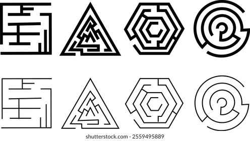 Maze autumn line and flat icon set. Maze black vector collection isolated on transparent background contour labyrinth business problem solutions symbol. Graphic elements ancient greek mythology design