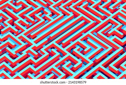 Fondo de laberinto, renderización 3D, perspectiva isométrica. En tonos azules, rojos y anaranjados. Maíz vectorial colorido, laberinto con colores de contraste. Fondo del rompecabezas abstracto.