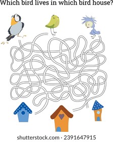 Maze. The birds are looking for their houses. Graphic illustration. For printing