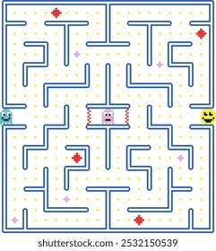 A maze with a blue background and a red and white square in the middle