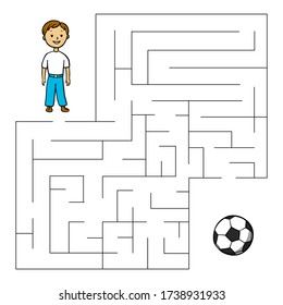 Maze con el chico, bola. Juego infantil educativo. Ilustración vectorial.