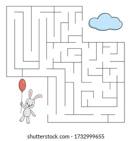 Maze with bunny, balloon. Educational children game. Vector illustration.