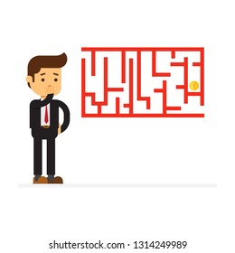 Maze and businessman thinking solution