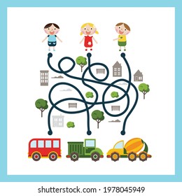 Maze with cars. Find right way. Kids mini game for development.