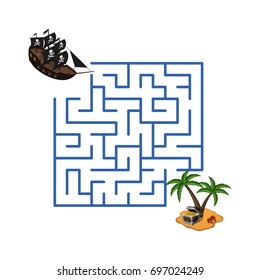 Maze in cartoon style. Pirate ship and treasure island. Children's game labyrinth. Kids puzzle. Vector illustration