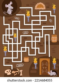 Maze in castle with doors. Activity for children. Puzzle game for kids. Help the mouse find his way to the hole. Vector illustration.