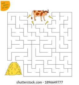 maze for children of agricultural animal, a cow and a haystack. Vector illustration isolated on white background