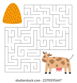 Maze for children of agricultural animal, a cute cow and a haystack.