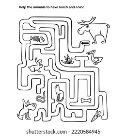 maze for children animals looking for food, coloring book