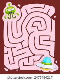 Maze for children with cute cartoon alien move to the UFO solar system worksheet