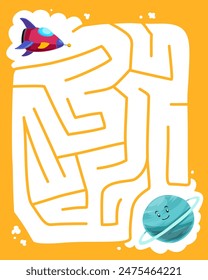 Maze for children with cute cartoon rocket move to uranus planet solar system worksheet