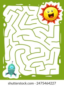 Maze for children with cute cartoon rocket move to the sun solar system worksheet