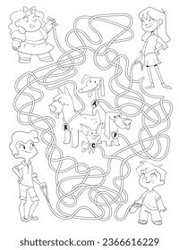 Maze for children. Dog leashes tangled. Kids walking their pets. Educational game for kids. Attention task. Choose right path. Funny cartoon character. Coloring book. Worksheet page