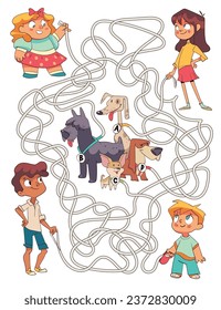 Maze for children. Dog leashes tangled. Kids walking their dogs. Educational game for kids. Attention task. Choose right path. Funny cartoon character. Worksheet page. Vector illustration