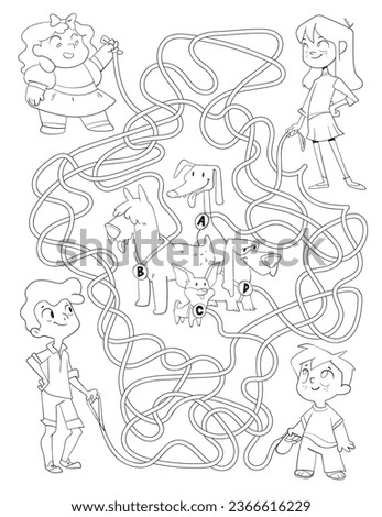 Maze for children. Dog leashes tangled. Kids walking their pets. Educational game for kids. Attention task. Choose right path. Funny cartoon character. Coloring book. Worksheet page