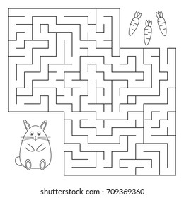 Maze for children, funny rabbit is looking for carrots. Coloring page. Logic game. Vector illustration.