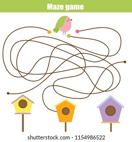 Maze children game: help the bird go through the labyrinth and find birdhouse. Kids activity sheet