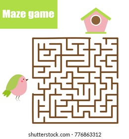 Maze children game: help bird go through the labyrinth and find birdhouse. Kids activity sheet, animals theme