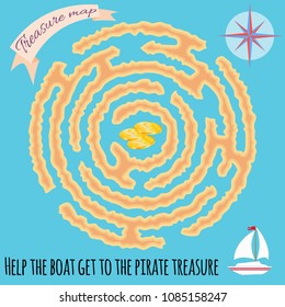 Maze children game. Help the boat get to the pirate treasure. Gold coins with the symbol of the skull in the center of the labyrinth. Kids activity sheet