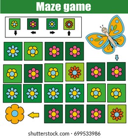 Maze children game: help the butterfly go through the labyrinth and find flower. Kids activity sheet. Logic game with code and cipher navigation