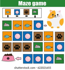 Maze children game: help the cat go through the labyrinth and find food. Kids activity sheet. Logic game with code and cipher navigation