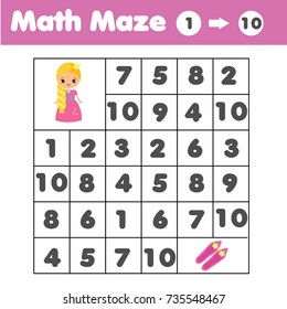 Maze children game: help the dog go through the labyrinth and find food. Kids activity sheet. Mathematics maze. Counting from one to ten