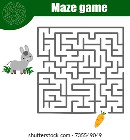 Maze children game: help donkey go through the labyrinth and find food. Kids activity sheet, animals theme