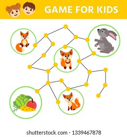 Maze children game. help hare go through the labyrinth and find carrot, cabbage and an Aapple. Kids activity sheet. Children funny riddle entertainment.