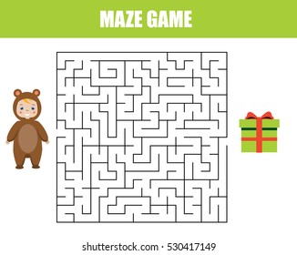 Maze children game: help the kid go through the labyrinth and find gift box