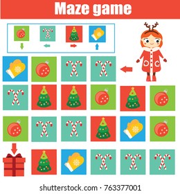 Maze children game: help kid go through the labyrinth and find gift. Toddlers activity. Logic game with code and cipher navigation. New Year, Christmas theme