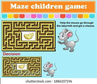 Maze children game: help the mouse go through the labyrinth and get a cheese. Cartoon colorful character. Preschool educational game. Maze puzzle design. Modern vector design. Labyrinth conundrum.