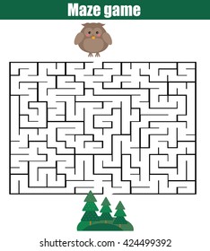 Maze children game: help the owl go through the labyrinth and find forest