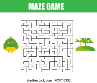 Maze children game: help the parrot go through the labyrinth. Kids activity sheet