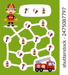 Maze for children help cute cartoon firefighter collect extinguisher stuff profession worksheet