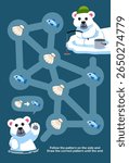 Maze for children help cute cartoon polar bear collect fish and shell worksheet