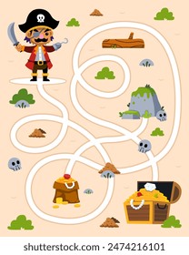 Maze for children help cute cartoon pirate captain move to the treasure chest pirate worksheet